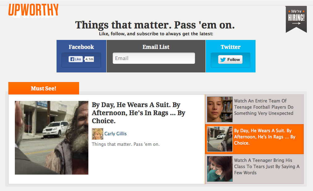 Upworthy's homepage features stories it hopes will go viral.