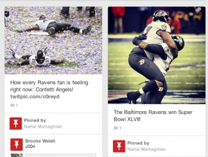 Screenshot  of the Ravens Super Bowl XLVII victory documented on the International Center for Media & the Public Agenda Pinterest page.