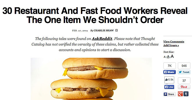Thought Catalog story on food