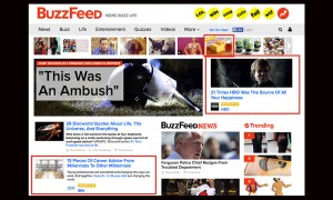 Adblock Plus removed sponsored content from BuzzFeed's home page, including the three posts outlined in red in this AJR screenshot.