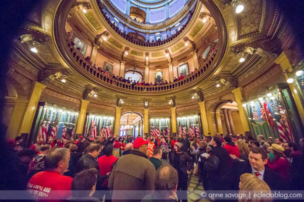 Union members fill the Michigan Capitol building.