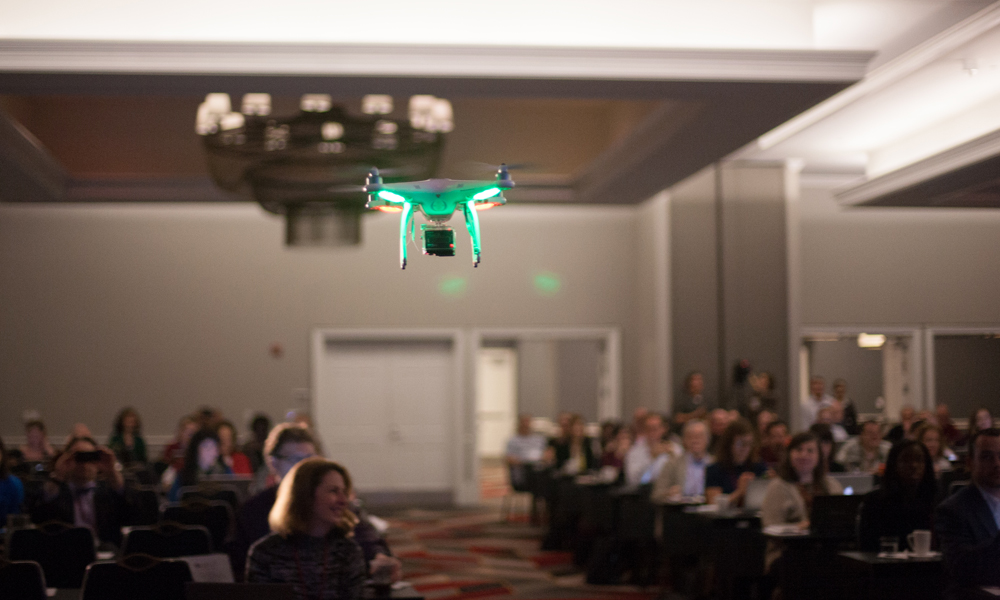 A drone flies through the 2014 Journalism Interactive Conference in College Park, Md.