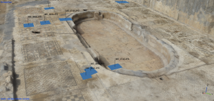A still image of the 3D model of the archaeological site that was created from the 2,800 aerial photos captured by the drone-camera rig.  The blue squares (and captions) indicate the location (and filename) of individual photos captured during the flight.